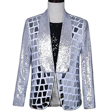 Imagem de Terno Casual Blazer Masculino Lantejoulas Botão Único Smoking Festa Dança Palco Roupas Lapela Slim Fit Jantar para Data de Casamento, Prata, G (Busto: 100cm)
