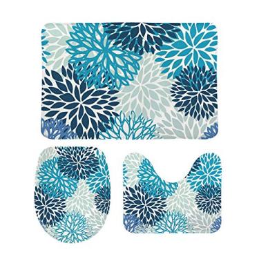 Imagem de Conjunto de 3 peças de tapete de banheiro My Daily Dália, flores abstratas, azul, floral, em forma de U, tapete de banheiro antiderrapante