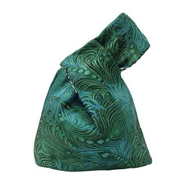 Imagem de BAR Bolsa de pulso elegante de algodão com estampa japonesa, bolsa de mão, bolsa de lona portátil para mulheres, mulheres (penas verdes), Penas verdes