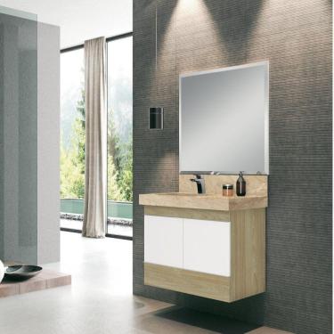 Imagem de Conjunto para Banheiro com Espelho, Gabinete, Lavatório em Porcelanato com Cuba Esculpida 80cm Bumi Branco/Wood/Travertino