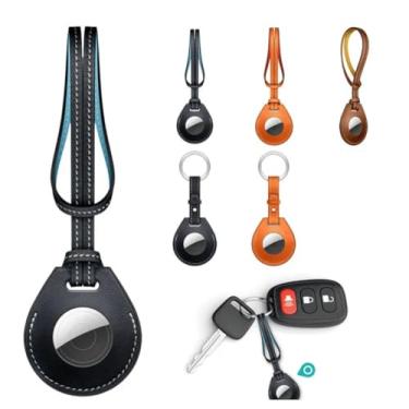 Imagem de Chaveiro para Apple Airtags, Case de couro Genuino Airtags com suporte de etiqueta de ar, chaveiro Airtag compatível com coleira de cachorro Apple AirTag com argolaOFC (Azul)