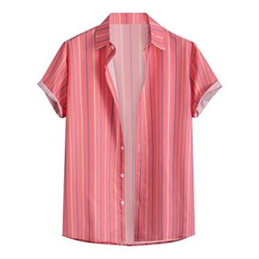 Imagem de Camiseta listrada casual masculina solta lapela impressão cor botão curto camisa areia praia verão top solto casual top, Rosa, M