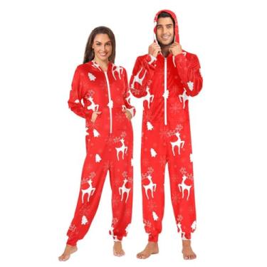 Imagem de JUNZAN Macacão de Natal adulto flocos de neve veado macacão vermelho pijama para adultos fantasia com capuz engraçado roupa de dormir P, Flocos de neve, cervo vermelho, G