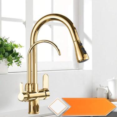 Imagem de Filtro de água torneira da cozinha 2 em 1 latão pull out bico purificação da cozinha 2 maneiras giratória misturadora, dourado b, 1