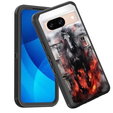 Imagem de GFEWYTJYJ Capa para Pixel 8, à prova de choque, 3 camadas, proteção total, resistente, resistente e de alto impacto, capa rígida para Google Pixel 8 de 6,2 polegadas 2023, cavalo de fogo preto