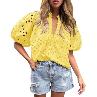 Imagem de PRETTYGARDEN Blusas femininas de verão elegantes casuais manga lanterna curta gola V botões vazados blusas bordadas de renda, Amarelo, M