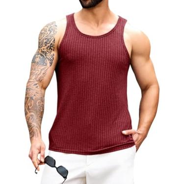 Imagem de Runcati Camiseta regata masculina de malha canelada de algodão sem mangas, verão, praia, treino, muscular, camiseta, Vinho tinto, XXG