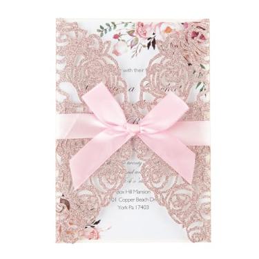 Imagem de AdasBridal Kit de convite de casamento com glitter rosa, 50 peças, corte a laser, convites de casamento personalizados com envelopes e cartões de confirmação para aniversário de quinze anos, chá de bebê, aniversário