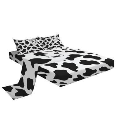 Imagem de Jogo de lençol ultramacio com estampa de vaca preto e branco, 4 peças, lençol de cama e fronhas com estampa animal, fácil de cuidar, com bolso profundo de 40,6 cm, confortável e respirável ajustado