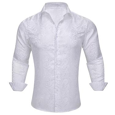 Imagem de Barry.Wang Camisas Paisley para homens camisa muscular de seda botão manga comprida tops regulares moda flor casamento/formal, Floral branco, 4G