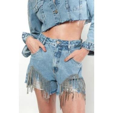 Imagem de Shorts Cintura Alta Em Jeans Com Franja Corrente De Strass-Feminino