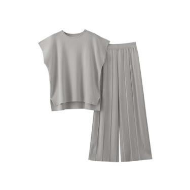 Imagem de VATEAMI Conjunto feminino de malha de 2 peças, pulôver, blusa de cintura alta, calça larga, Cinza, X-Small