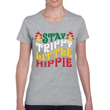 Imagem de Camiseta feminina Stay Trippy Little Hippie Puff Print Hippies Vintage Peace Love Happiness Retro 70s Cogumelos, Cinza, G