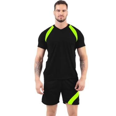 Imagem de Conjunto Masculino Camisa Slim Básica Dry Bermuda Com Ajuste (Preto Com Amarelo, M)