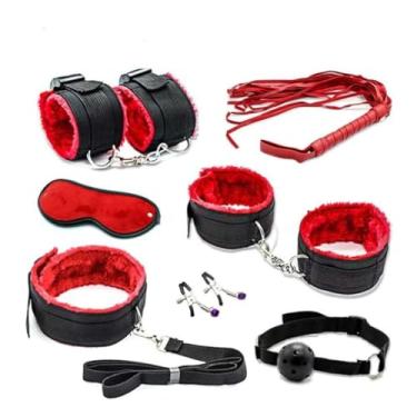 Imagem de Kit Sexual 7 Peças para Casais, Cama Exótica Restrição, Nylon Algemas, Punhos Tornozelo, Colar Corda, Chicote, Mordaça Erótico