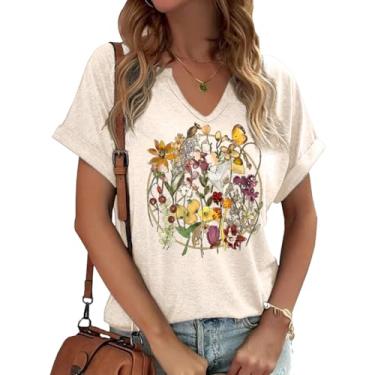 Imagem de Camiseta feminina Boho floral gola V verão vintage flores estampadas colorido flores silvestres casual casual camiseta botânica, A-damasco, P