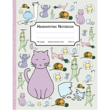 Imagem de Caderno de caligrafia com linhas de prática pontilhadas: design desenhado à mão Naughty Kitties, 120 páginas, 21 x 28, papéis de prática em branco para crianças e amantes de gatos, diário de
