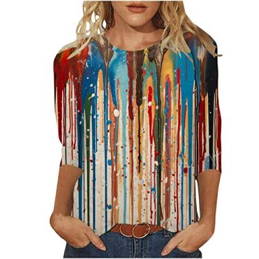 Imagem de Camisetas femininas 4th of July 4th of July Shirts Star Stripes 3/4 Sleeve American Flag Shirt Summer Fashion 2024, 4 - Amarelo, G