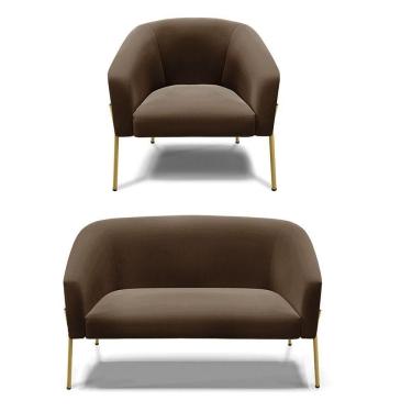 Imagem de Sofá Namoradeira E Poltrona Pé De Ferro Dourado Stella Suede D03 - D`rossi Cor Marrom