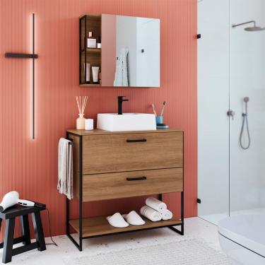 Imagem de Conjunto de Gabinete de Banheiro Paricel 1 PT e 1 GV com Cuba Ametista Branca e Espelheira Angel 1 PT Preto e Mel