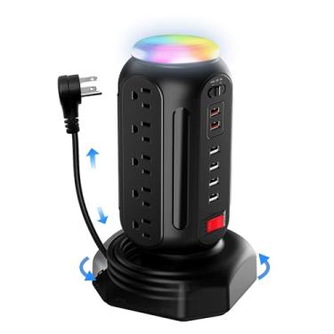Imagem de DYSSIPATIVE Régua de energia com luz noturna colorida, 15 tomadas CA e 6 portas USB de jejum, cabo de extensão retrátil com várias tomadas, protetor contra sobretensão 1500 J com plugue plano direito (preto)