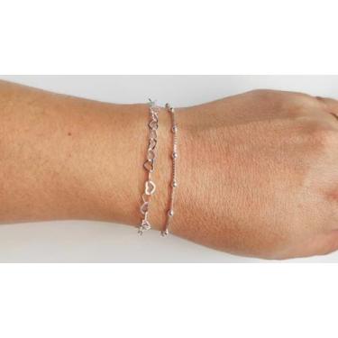 Imagem de Kit 2 Pulseiras Femininas Coração Bolinha Maciça Prata 925 - DR Joias