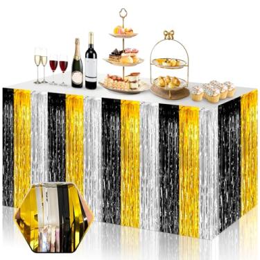 Imagem de Pacote com 3 saias de mesa 73 x 272 cm preto dourado prata folha metálica franja tinsel mesas retangulares casamento aniversário feriado festas, desfile boia festa carnaval