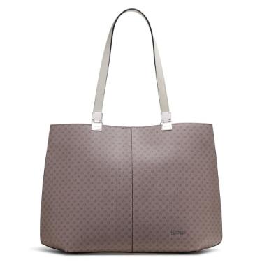 Imagem de Calvin Klein Bolsa feminina geométrica de granito – couro vegano, monograma, 3 bolsos, Amêndoa/Castanho-Acinzentado/Branco, One Size