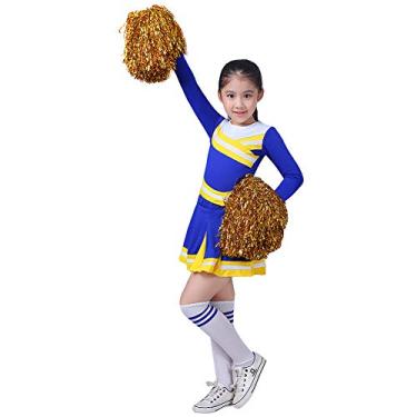 Imagem de KUMIKOLA Kids Girls Cheerleading Costume Outfit Two Piece High School Cheerleader Uniform Dress with Stockings 2 Pom Poms Chang 140