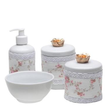 Imagem de Potes, Molhadeira e Porta Álcool-Gel Com Capa Florzinha Dourada Quarto