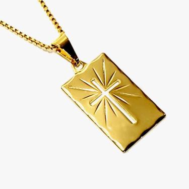 Imagem de Corrente e cruz plaquinha 18k 10 milésimos de ouro - Iza Perobelli