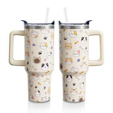 Imagem de Aokoyi Copo de presente de gato para mulheres e meninas, copo de 1,134 g com alça e tampa de palha, caneca de garrafa de água isolada de aço inoxidável para amantes de gatos fofos (1 peça)