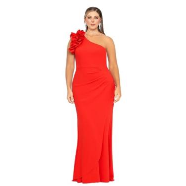 Imagem de Xscape Vestido longo feminino plus size de um ombro único com babados em crepe, Vermelho, 52