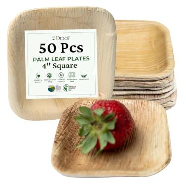 Imagem de Dtocs Mini pratos quadrados de festa de degustação de folhas de palmeira (pacote com 50) | Aparência de bambu compostável, pratos descartáveis para casamento, acampamento, festa de aniversário | Alternativa aos pratos de papel
