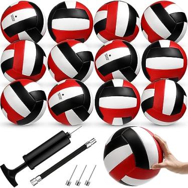 Imagem de Wettarn 12 bolas de vôlei tamanho oficial 5 bolas de vôlei macias a granel com tamanho regulamento de bomba vôlei para iniciantes em ambientes internos e externos, praia, academia, piscina, água, areia, esporte (branco, vermelho, preto)