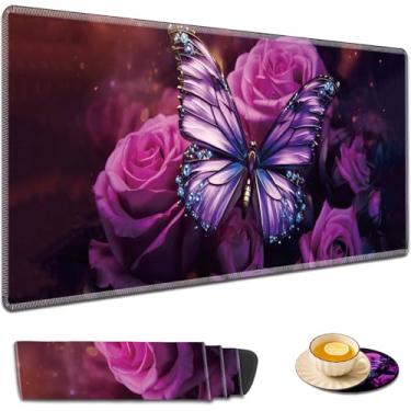 Imagem de Mouse pad grande, mousepad estendido para jogos de 80 x 30 cm, base de borracha antiderrapante e com costura na borda dobrável, tapete para escrita, escritório e casa, borboleta rosa roxa