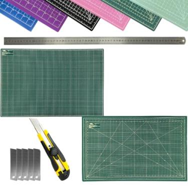 Imagem de Base de Corte Grande A1 60x90cm Apoio Para Mesa Dupla Face Multiuso Auto Cura Régua metal 60cm Estilete Profissional (Verde)