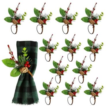 Imagem de LogHog Conjunto de 12 Anéis de Guardanapo de Pinha de Natal, Porta-Guardanapos Rústico Feito À Mão Em Estilo Fazenda com Pinha e Frutas Vermelhas para O Festival de Natal, Dia de A (, Verde)