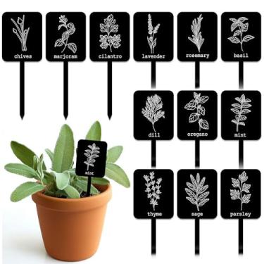 Imagem de Whaline 24 peças de placas de acrílico para plantas, 12 estilos, marcadores de ervas para jardim, etiquetas pretas à prova d'água com nomes de ervas para berçário, decoração de jardim interno e