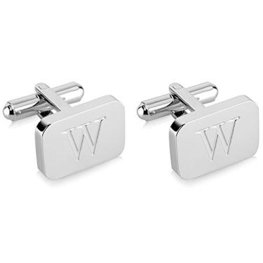 Imagem de Abotoaduras masculinas de aço inoxidável gravadas com inicial em ouro branco 18K - Letra personalizada A-Z da Lux & Pair