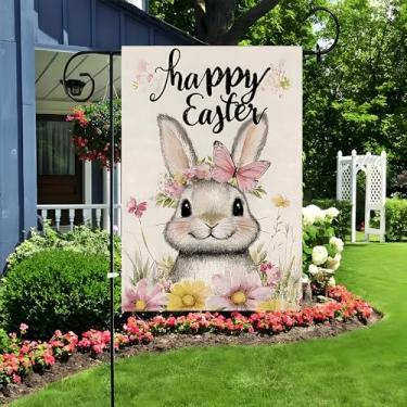 Imagem de Bandeira de jardim de páscoa feliz para fora 17,7 × 11,20 cm coelho fofo usando uma coroa de flores em sua cabeça Design Banners de coelho bandeira de jardim de primavera bandeira dupla face de