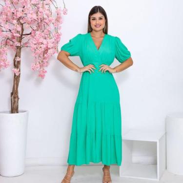 Imagem de Vestido Feminino Midi Manga Curta com Forro e Decote V Look  Elegante 