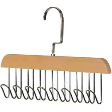Imagem de Cabide de Madeira Maciça Giratório Com 8 Ganchos Metal Rotativo 360° Organizador Armário Closet Roupeiro Guarda-roupas Organiza Bolsa Gravata Boné Langerie Cinto Cor Madeira Clara