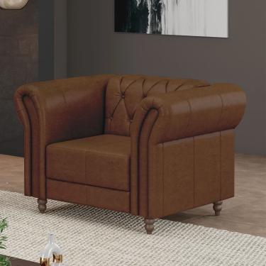 Imagem de Poltrona Decorativa Sala de Estar Stanford Chesterfield Pés de Madeira Couro Marrom Manchado G58 - Gran Belo