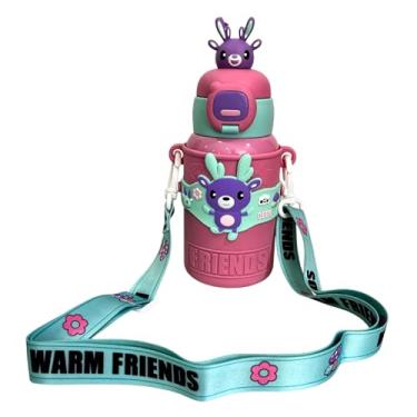 Imagem de Garrafa Térmica Infantil 450ml Inox Parede Dupla com Alça Ajustável e Canudo de Silicone (Rosa | Alce)