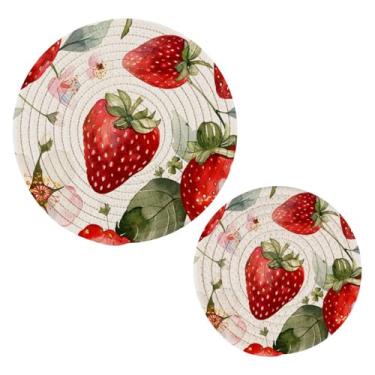 Imagem de Conjunto de 2 suportes de panela fofos para cozinha de morangos em aquarela, trivets para panelas quentes, pratos, tapete de almofada para balcão