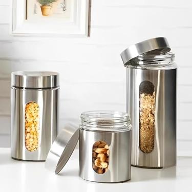 Imagem de Jogo 3 Potes Para Mantimentos Vidro e Aço Inox com Tampa Rosca Vedação Forte Visor Transparente Armazenamento Grãos Massas Biscoitos Organização Cozinha, Fechamento Hermético, Linha Premium