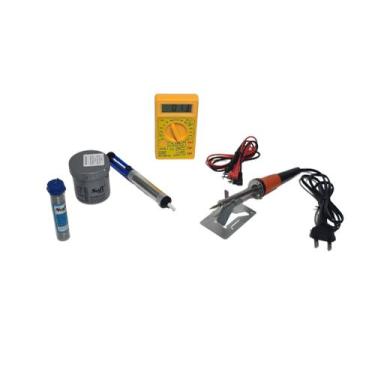 Imagem de Kit Ferro solda 40w 110v + multimetro Digital Visor Lcd+ caneta  + est