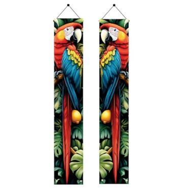 Imagem de Starlit Patio Bandeiras de varanda de papagaio tropical 188 x 30 cm decorações de festa luau de verão coloridas araras placas de porta penduradas folhas da selva frutas cítricas pátio externo faixa de