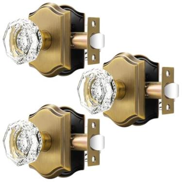 Imagem de Orger Puxadores de porta de passagem para corredor e armário, maçanetas de porta de vidro com trava sem trava, maçanetas de porta de cristal transparente octogonal, pacote com 3, rosa vintage de bronze antigo com cristal resistente